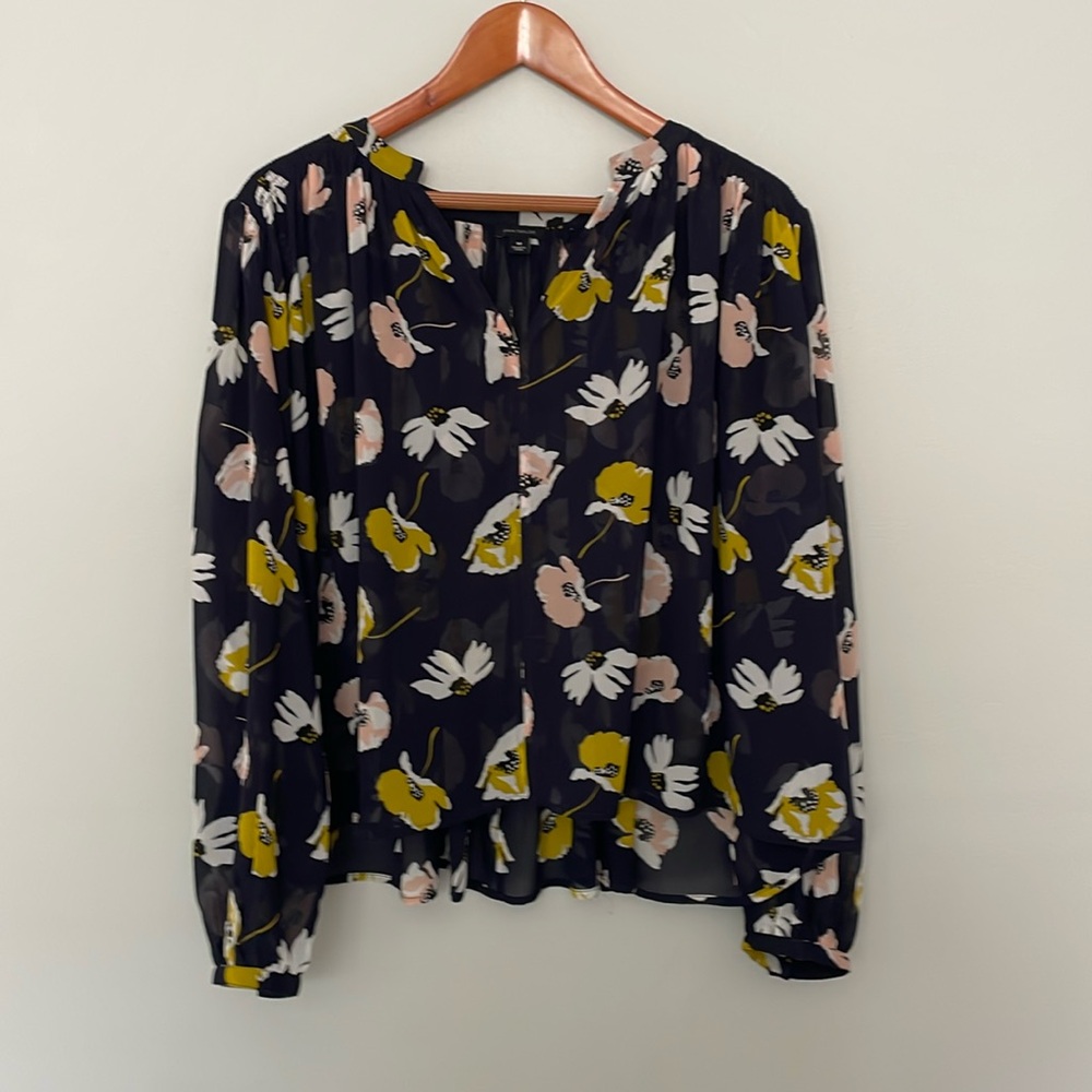 Ann Taylor Navy and Yellow Floral Blouse